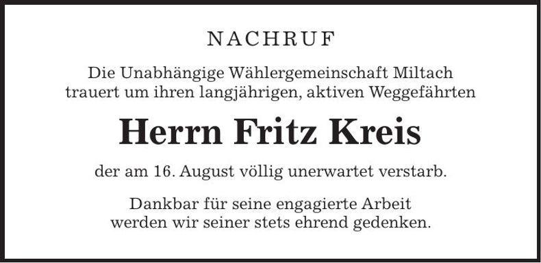 Traueranzeige Fritz Kreis