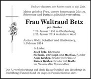 Traueranzeige Waltraud Betz