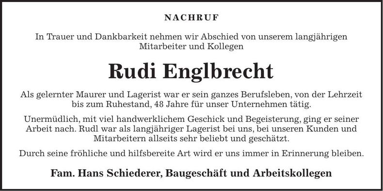 Traueranzeige Rudi Englbrecht