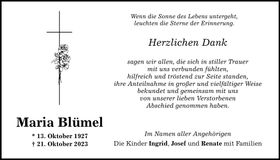 Traueranzeige Maria Blümel