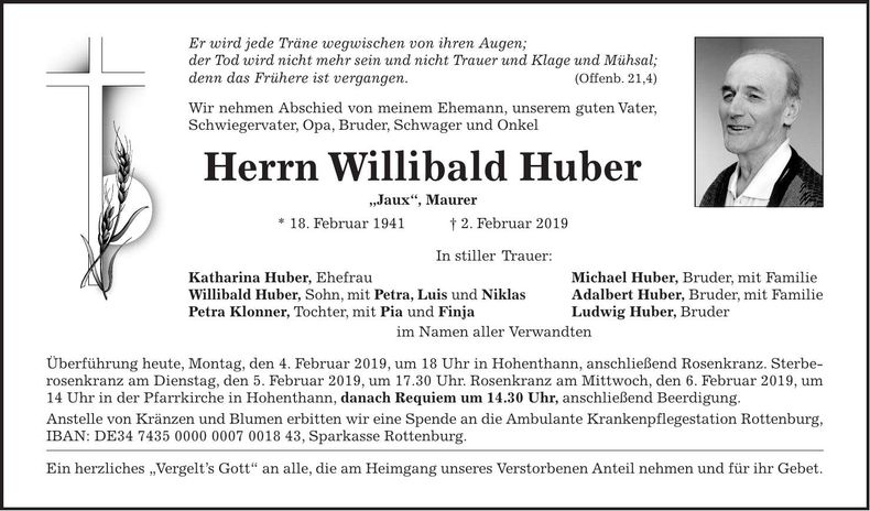 Traueranzeige Willibald Huber