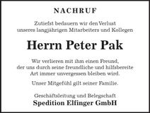 Traueranzeige Peter Pak