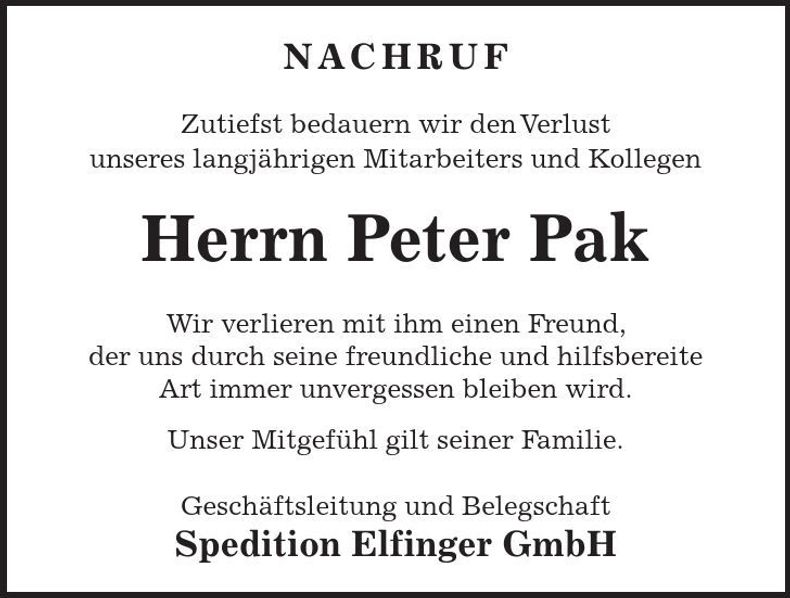 Traueranzeige Peter Pak