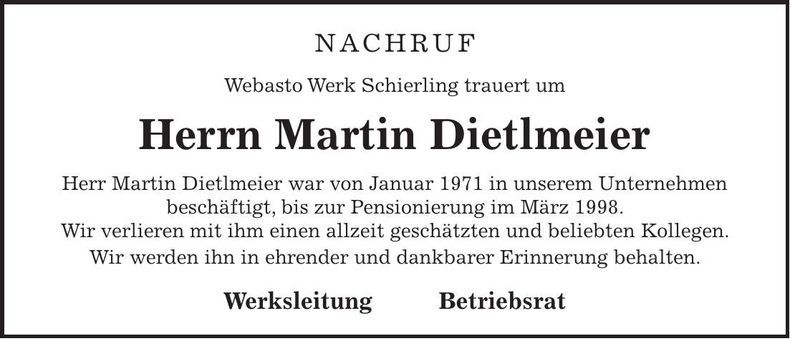 Traueranzeige Martin Dietlmeier