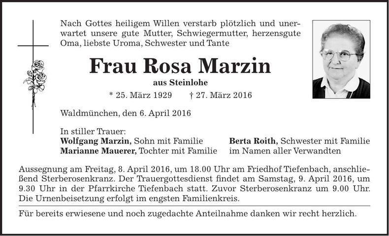 Traueranzeige Rosa Marzin