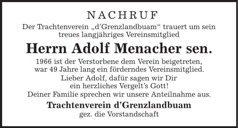 Traueranzeige Adolf Menacher