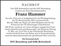 Traueranzeige Franz Hammer