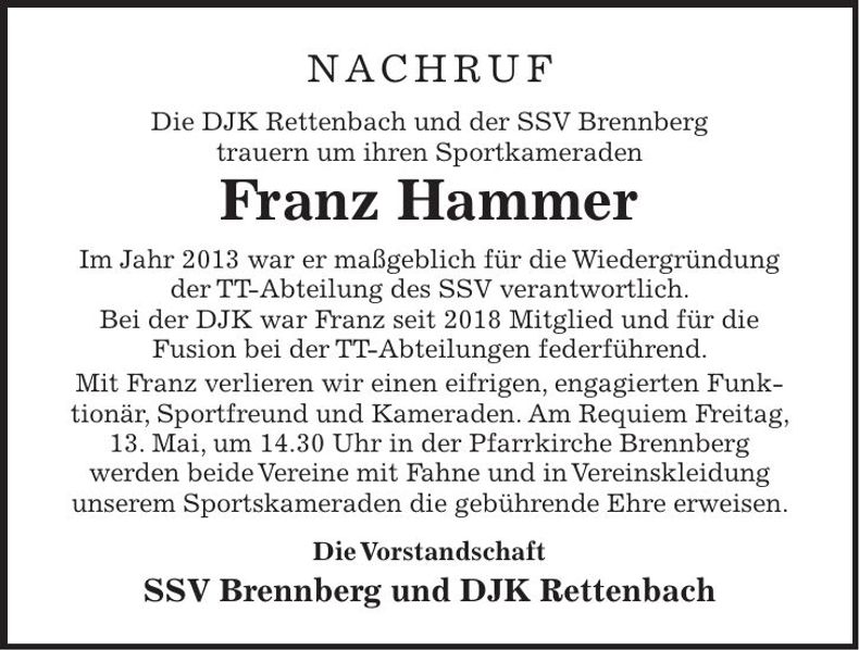 Traueranzeige Franz Hammer