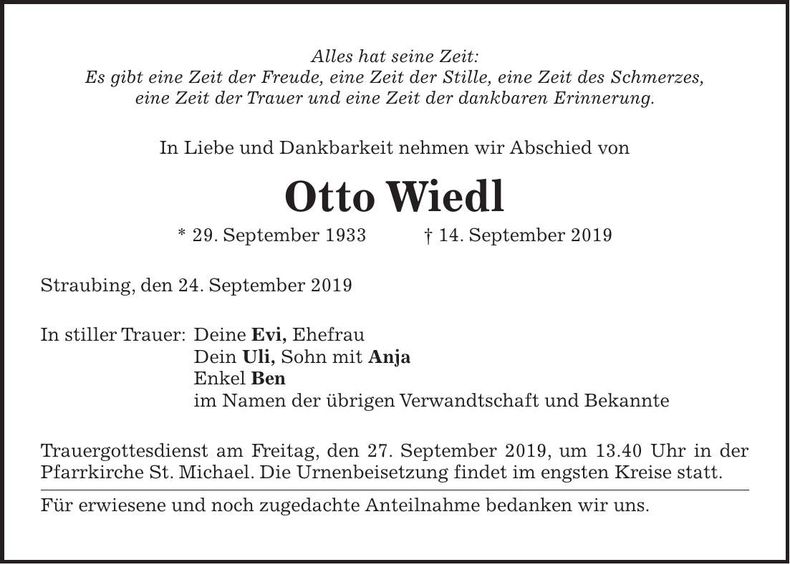 Traueranzeige Otto Wiedl