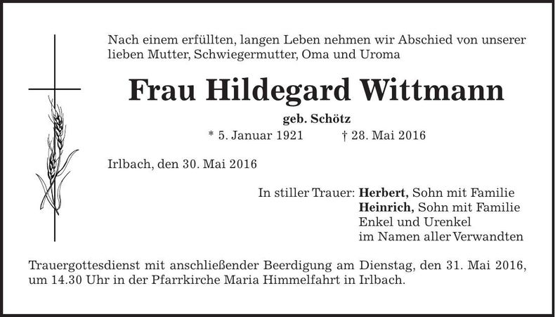 Traueranzeige Hildegard Wittmann
