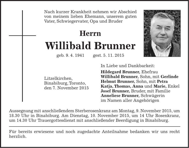 Traueranzeige Willibald Brunner