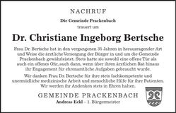 Traueranzeige Christine Ingeborg Bertsche