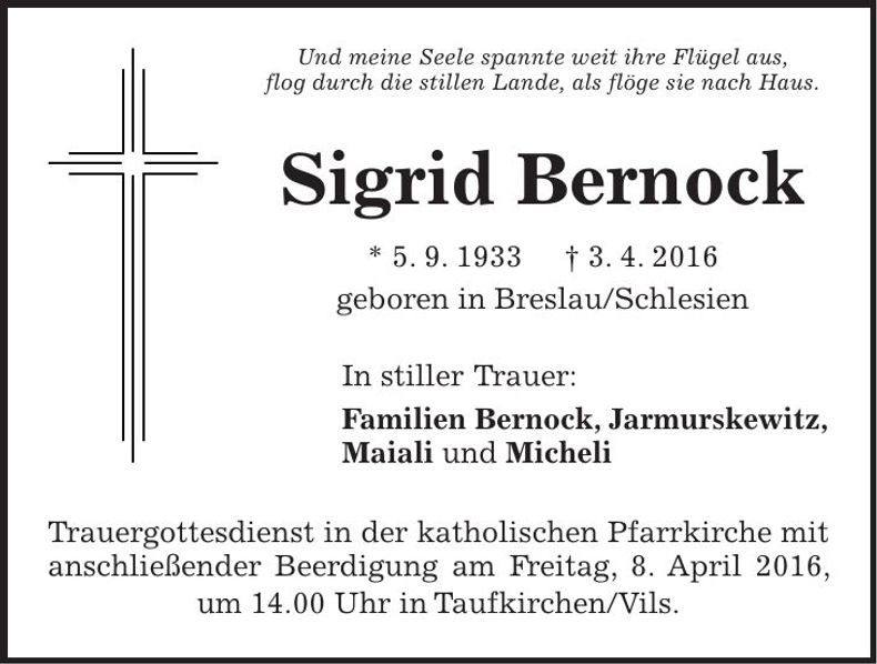Traueranzeige Sigrid Bernock