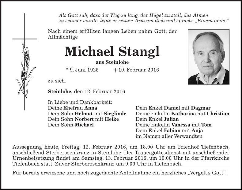 Traueranzeige Michael Stangl