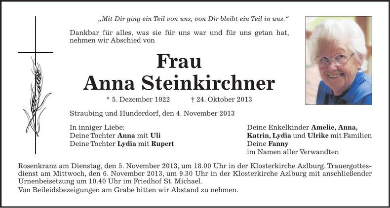 Traueranzeige Anna Steinkirchner