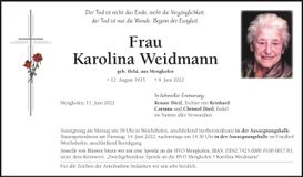 Traueranzeige Karolina Weidmann