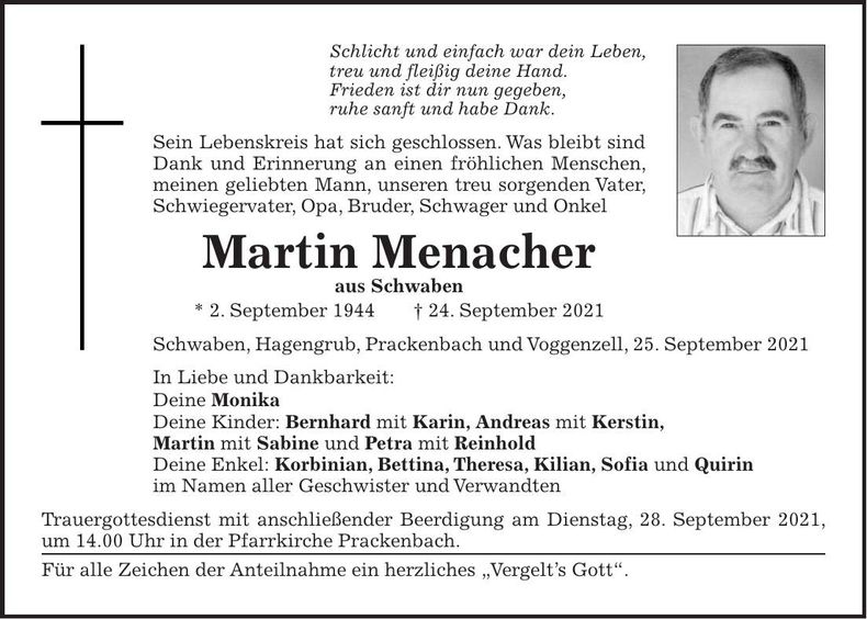 Traueranzeige Menacher Martin