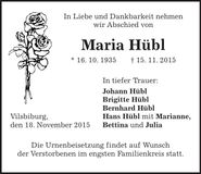 Traueranzeige Maria Hübl