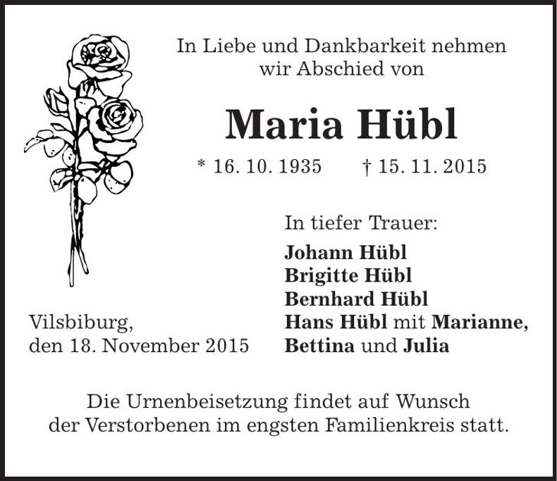 Traueranzeige Maria Hübl