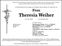 Traueranzeige Theresia Weiher