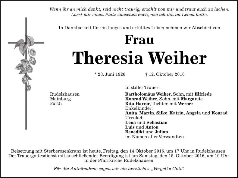 Traueranzeige Theresia Weiher