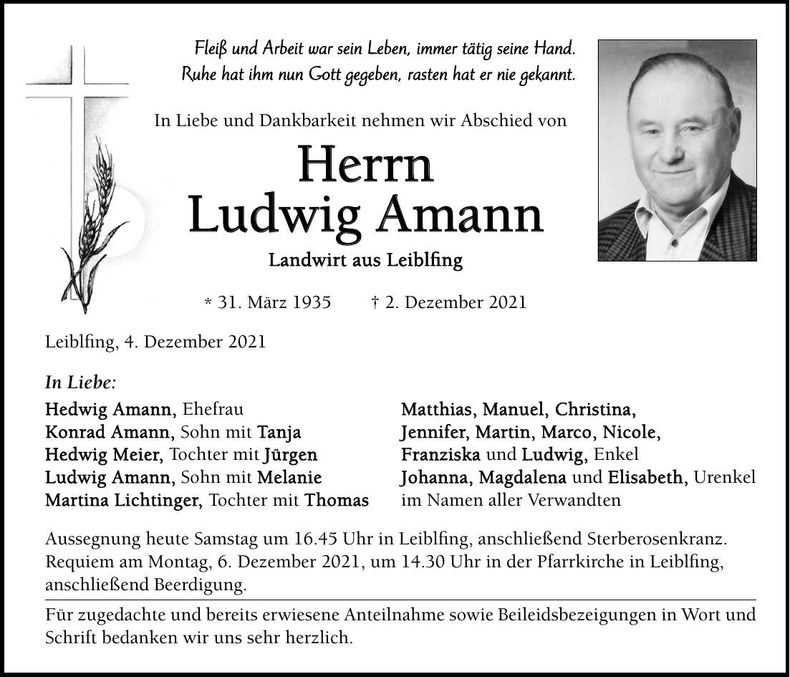 Traueranzeige Ludwig Amann