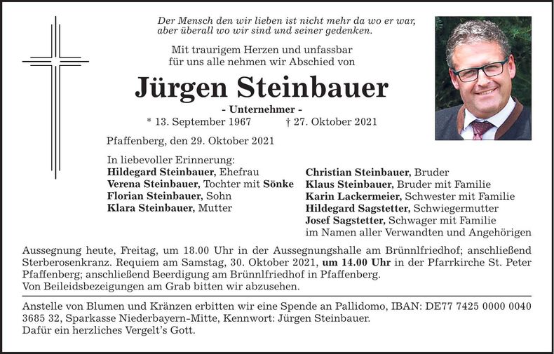 Traueranzeige Jürgen Steinbauer