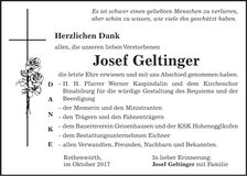 Traueranzeige Josef Geltinger
