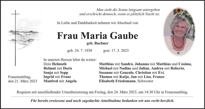 Traueranzeige Maria Gaube