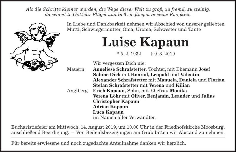 Traueranzeige Luise Kapaun