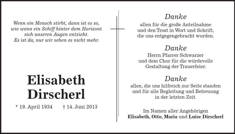 Traueranzeige Elisabeth Dirscherl