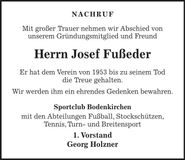 Traueranzeige Josef Fußeder