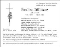 Traueranzeige Paulina Dillitzer
