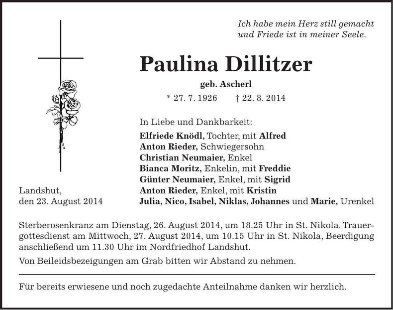 Traueranzeige Paulina Dillitzer