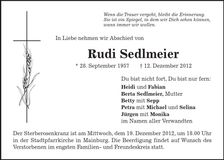 Traueranzeige Rudi Sedlmeier
