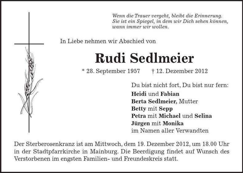 Traueranzeige Rudi Sedlmeier