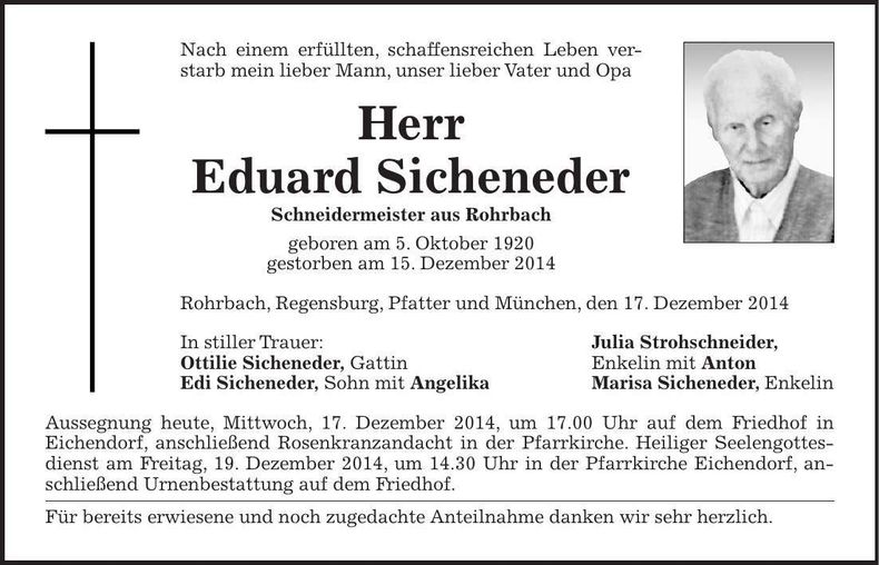 Traueranzeige Eduard Sicheneder