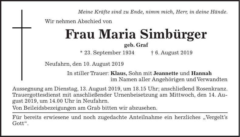 Traueranzeige Maria Simbürger