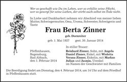 Traueranzeige Berta Zinner