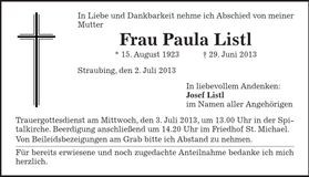 Traueranzeige Paula Listl