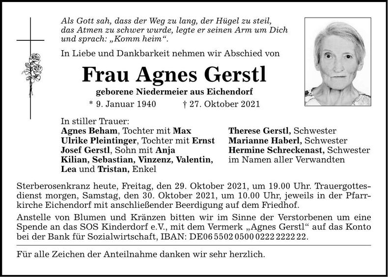 Traueranzeige Agnes Gerstl