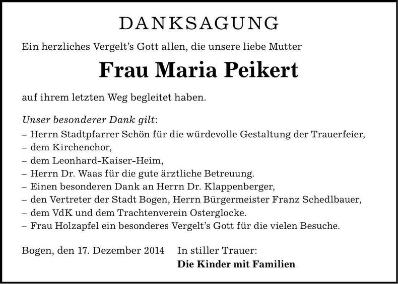 Traueranzeige Maria Peikert