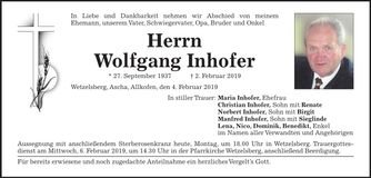 Traueranzeige Wolfgang Inhofer