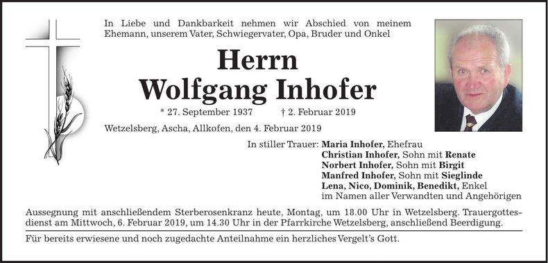 Traueranzeige Wolfgang Inhofer