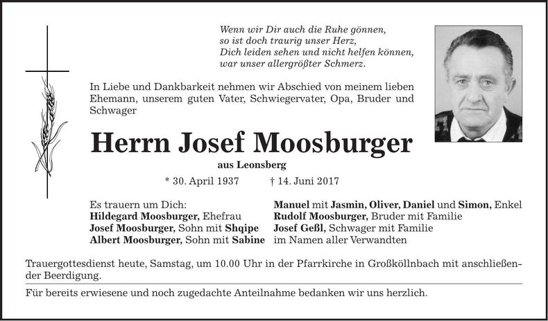 Traueranzeige Josef Moosburger
