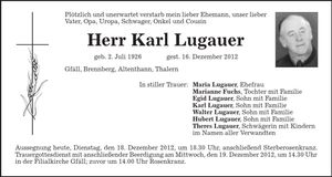 Traueranzeige Karl Lugauer
