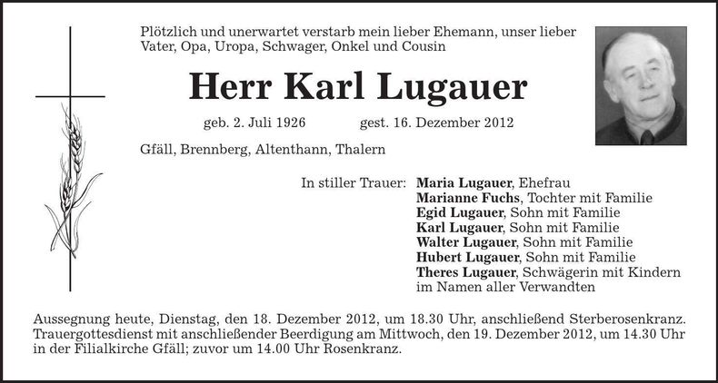 Traueranzeige Karl Lugauer