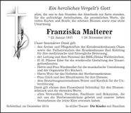 Traueranzeige Franziska Malterer