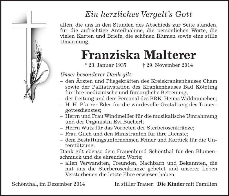 Traueranzeige Franziska Malterer