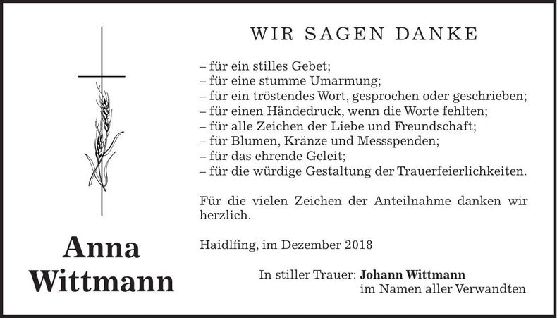 Traueranzeige Anna Wittmann